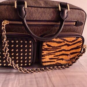 Michael Kors Black Leather Satchel with Gold Chain & Tiger-Print Pocket